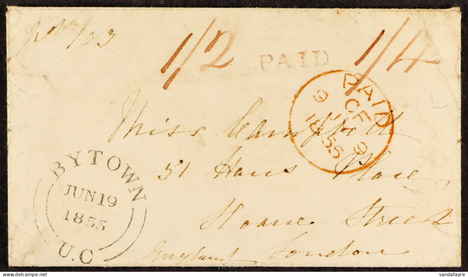 1855 (19th June) Envelope From Bytown, Canada West, To London, England, With H/s â€˜PAIDâ€™ In Red, With M/s â€˜1/2â€™ A - Sonstige & Ohne Zuordnung