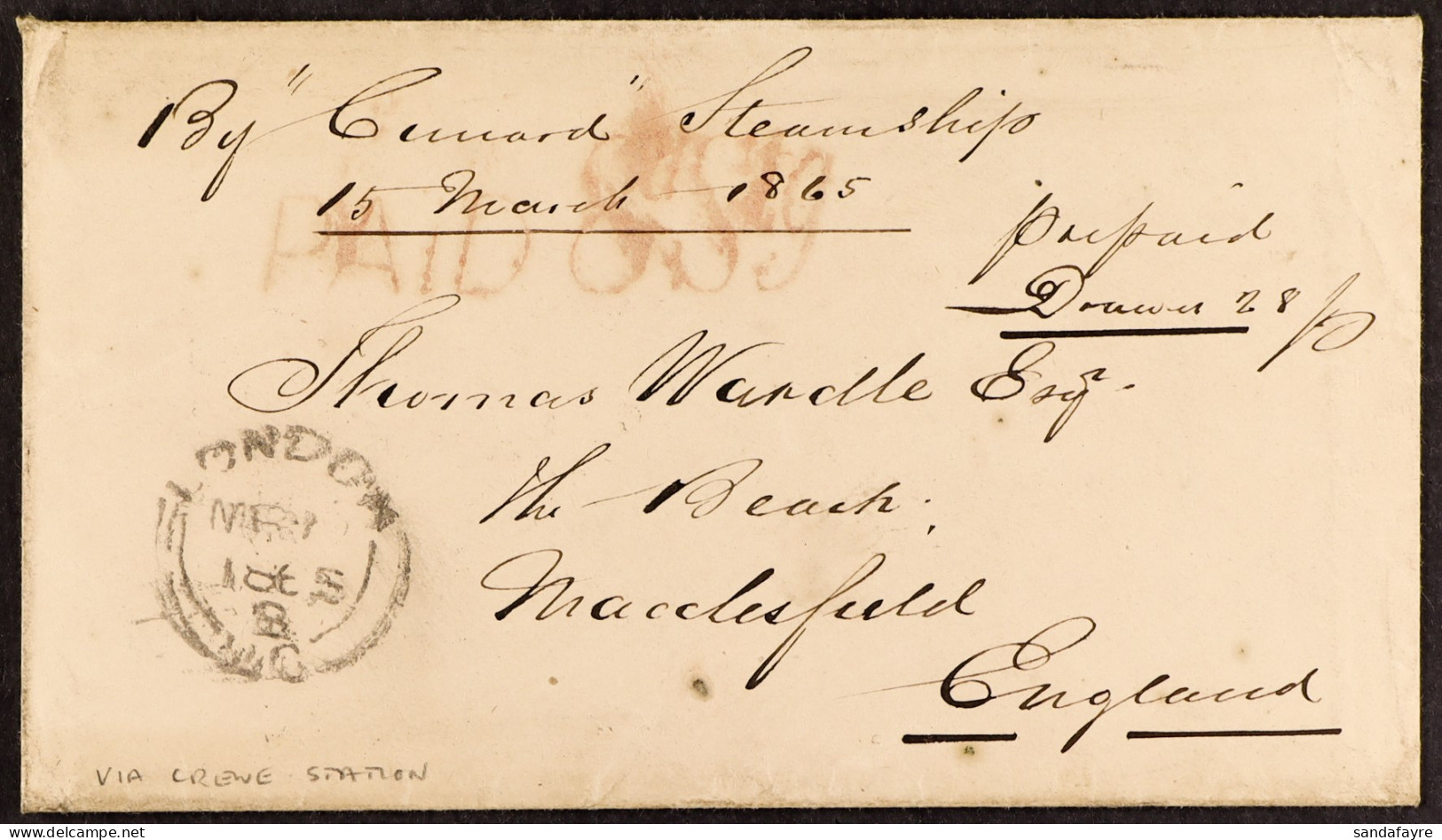 1865 (10th March) Envelope From London, Upper Canada, To Macclesfield, England, With H/s â€˜PAID 8d Stg.â€™ Arnell D02,  - Other & Unclassified