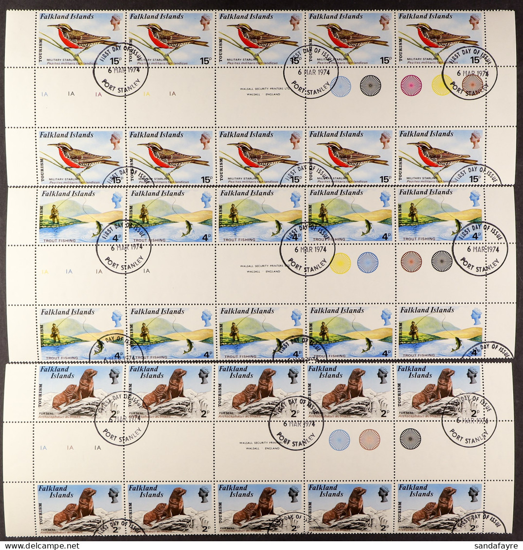 1974 Wildlife Tourism Set Complete Interpane Block 10 Creating Of 5 Gutter Pairs, Cancelled By Port Stanley Cds's. Heijt - Falkland Islands