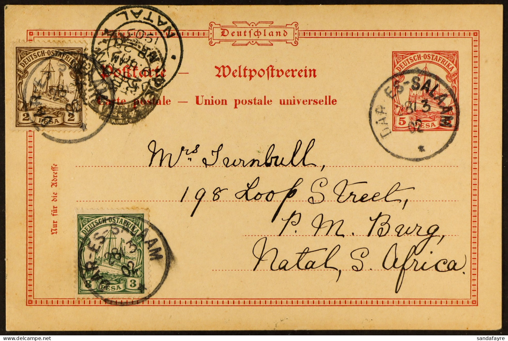 GEA 1902 (28 March) Uprated 5p Red Ps Postcard Addressed To Natal, 'Dar Es-Salam' And Two Transit Cds's. - Sonstige & Ohne Zuordnung