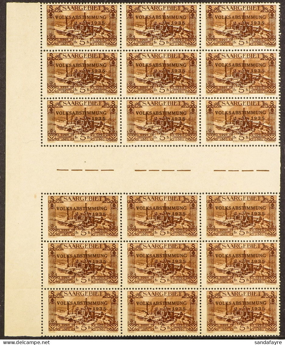 SAAR - 1934 5fr Deep Brown Overprinted 'VOLKSABSTIMMUNG 1935', Michel 193 (SG 190) Never Hinged Mint Interpane Block 18. - Sonstige & Ohne Zuordnung