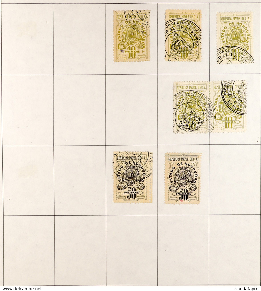 REVENUE STAMPS 1898 White Paper Issue Collection Of 55 Stamps With Values To 50 Peso, Includes Pairs & Strips 3. - Honduras
