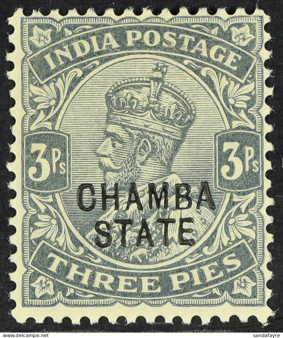 CHAMBA NEW DISCOVERY 1913-23 3p Grey OVERPRINT DOUBLE ONE ALBINO Variety, SG 43 Var, Fine Mint, Fresh. Unlisted By Stanl - Other & Unclassified