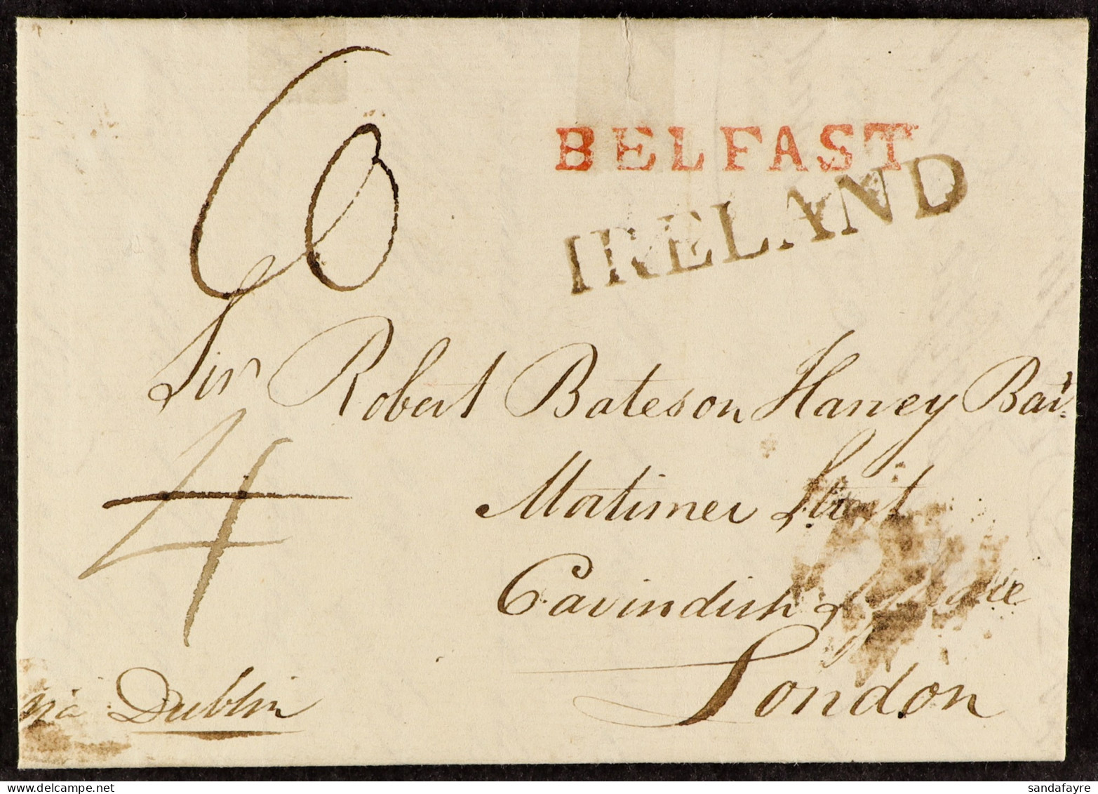1790 (1 May) EL From Belfast To London Rated '4' Altered To '6' With Superb Black 'IRELAND'(45mm) And Red 'BELFAST'. Min - Andere & Zonder Classificatie