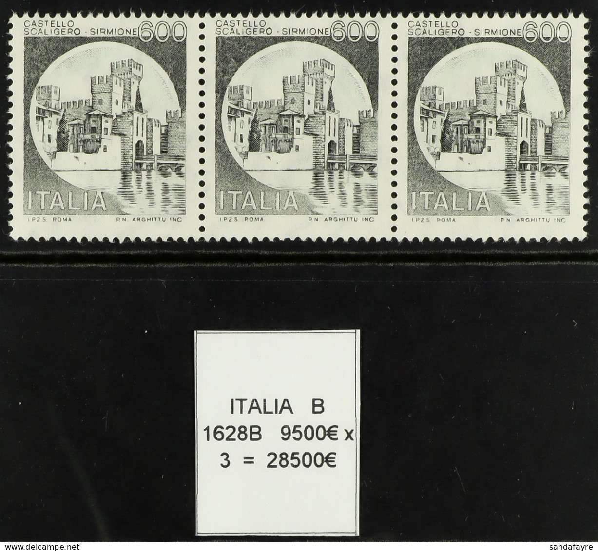1980-92 600L Scaliger Castle Sirmione (as Sassone 1523) Variety 'PRINTED IN BLACK ONLY', Bolaffi 1628B, Strip Of Three N - Non Classés