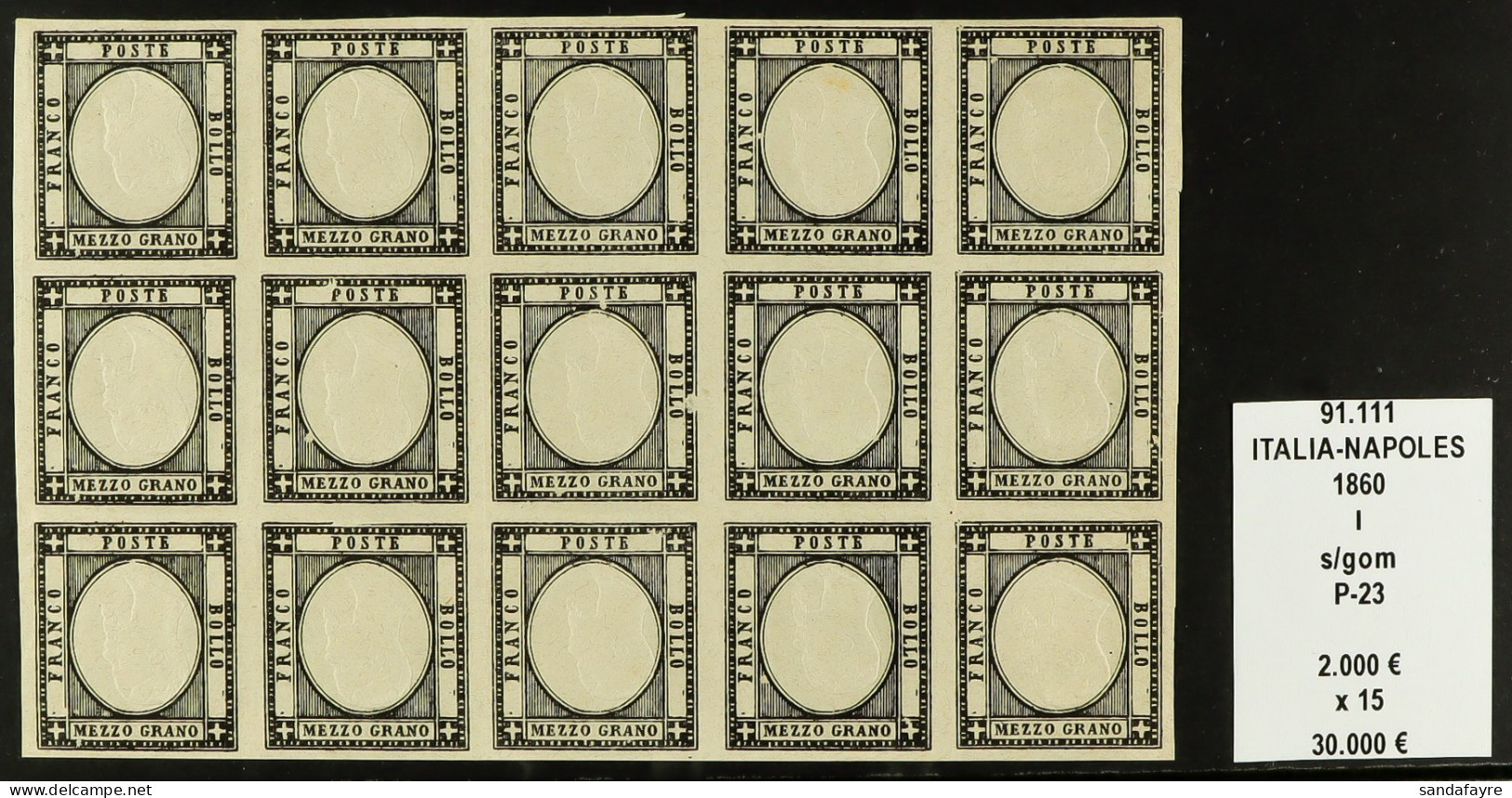 NEAPOLITAN PROVINCES 1860 Â½ Grano Black Imperforate Proof Block Of Fifteen With Inverted Head Vignette, CEI P-23, Witho - Ohne Zuordnung