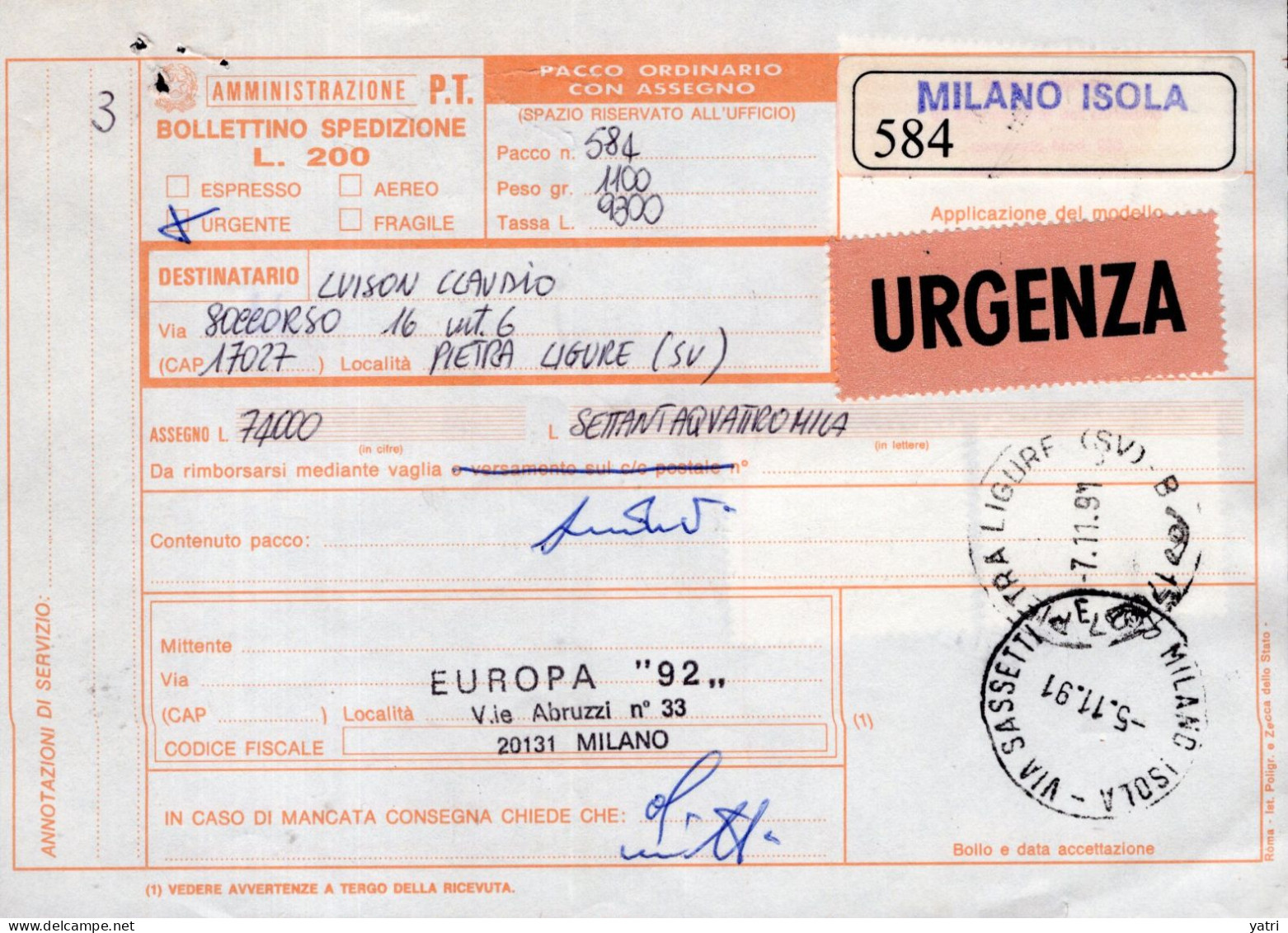 Italia (1991) - Bollettino Pacchi Urgente Da Milano Per Pietra Ligure - Postal Parcels