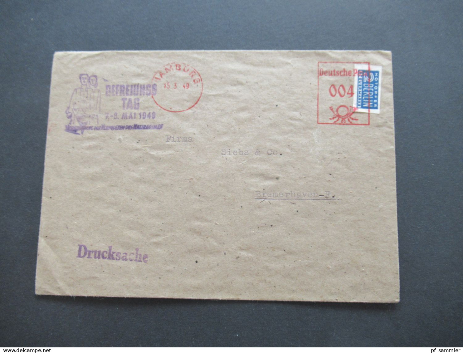 Bizone FS Und Notopfermarke Violetter Stempel Befreiungs Tag 7.-8. Mai 1949 Vereinigung Der Verfolgten Des Naziregimes - Covers & Documents