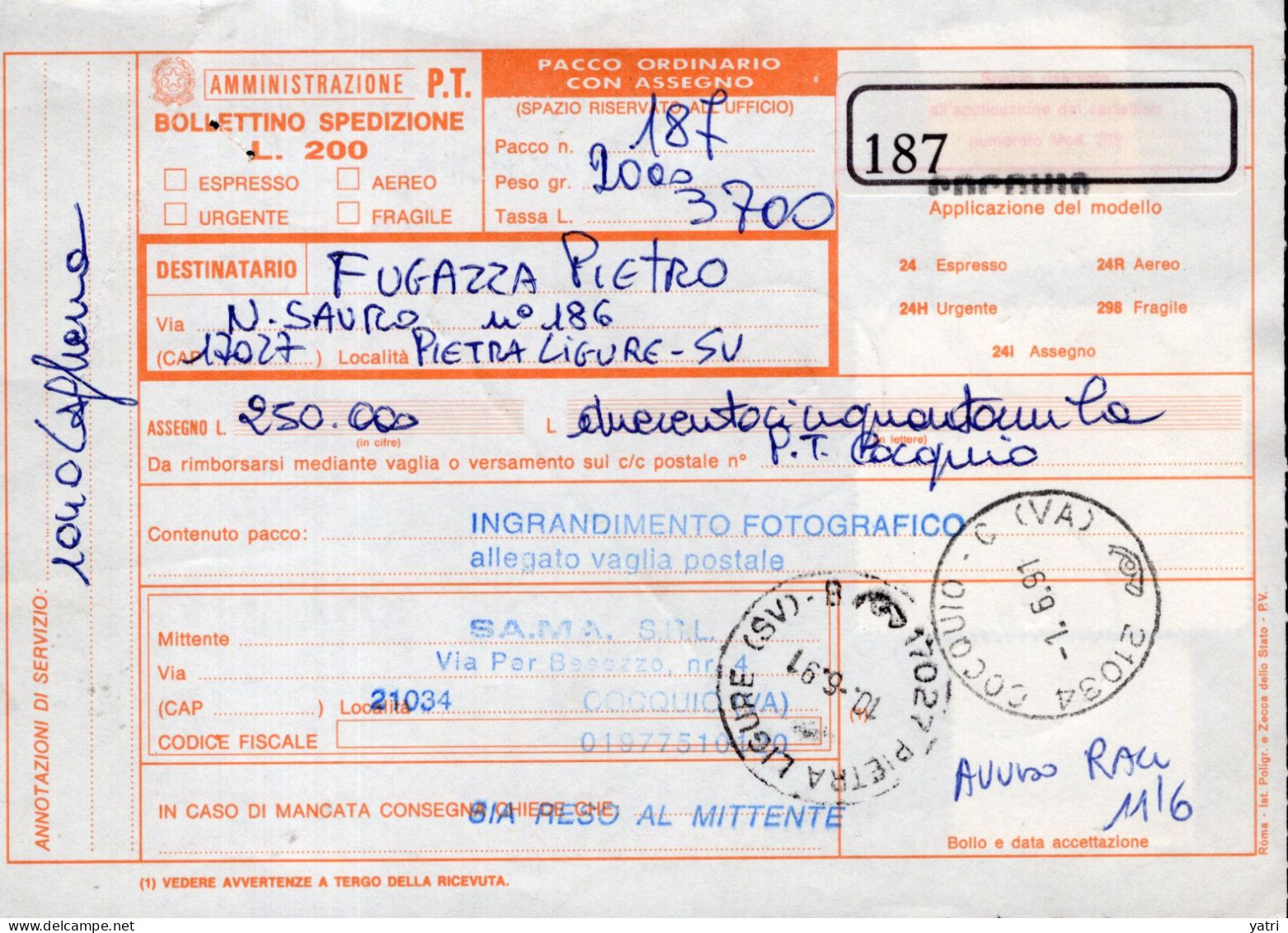 Italia (1991) - Bollettino Pacchi Contrassegno Da Cocquiio (VA) Per Pietra Ligure - (ingrandimento Fotografico) - Postal Parcels