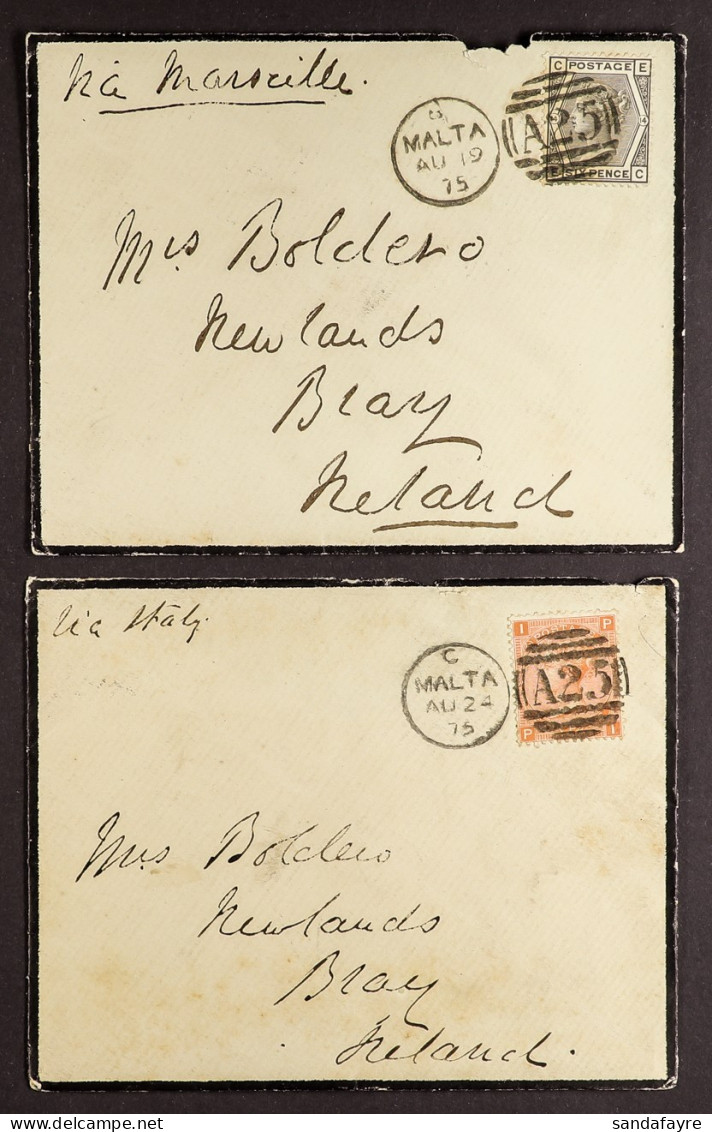 GB USED IN: Two 1875 Mourning Envelopes To Ireland With 4d Plate 14, Or 6d Plate 14, Each Tied Neat A25 Cancels. - Malta (...-1964)