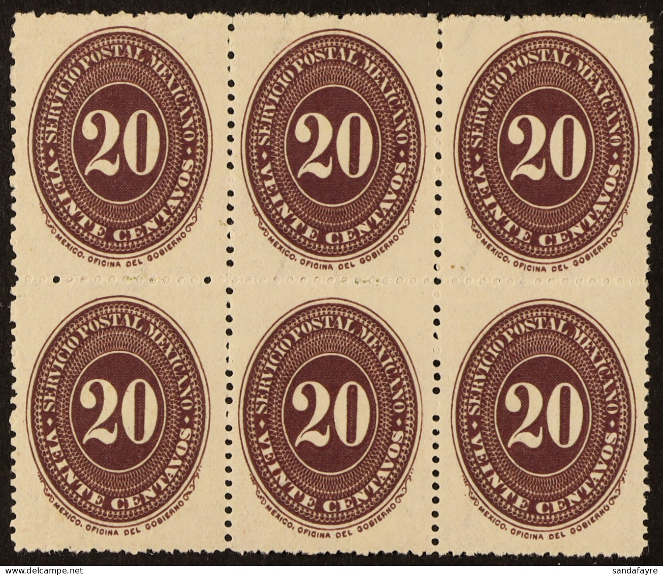 1890-95 20c Dark Violet On Watermarked Wove Paper, Perf 12, Scott 220A (see Note After SG 174), Never Hinged Mint BLOCK  - Mexique