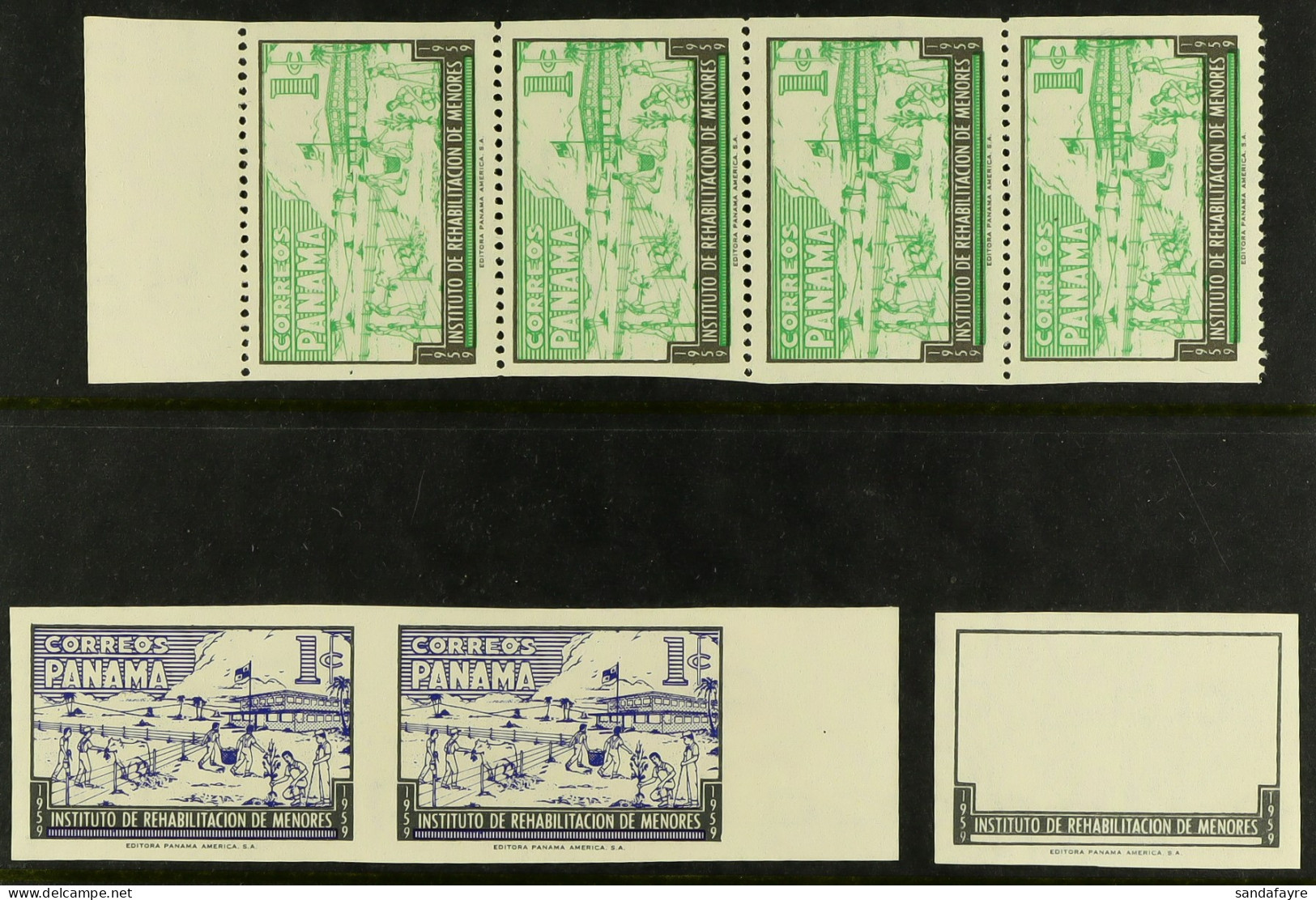 OBLIGATORY TAX VARIETIES 1959 1c Light Emerald & Black (SG 675, Scott RA37) Imperf Block Of 12 & Imperf Vertically Strip - Panama