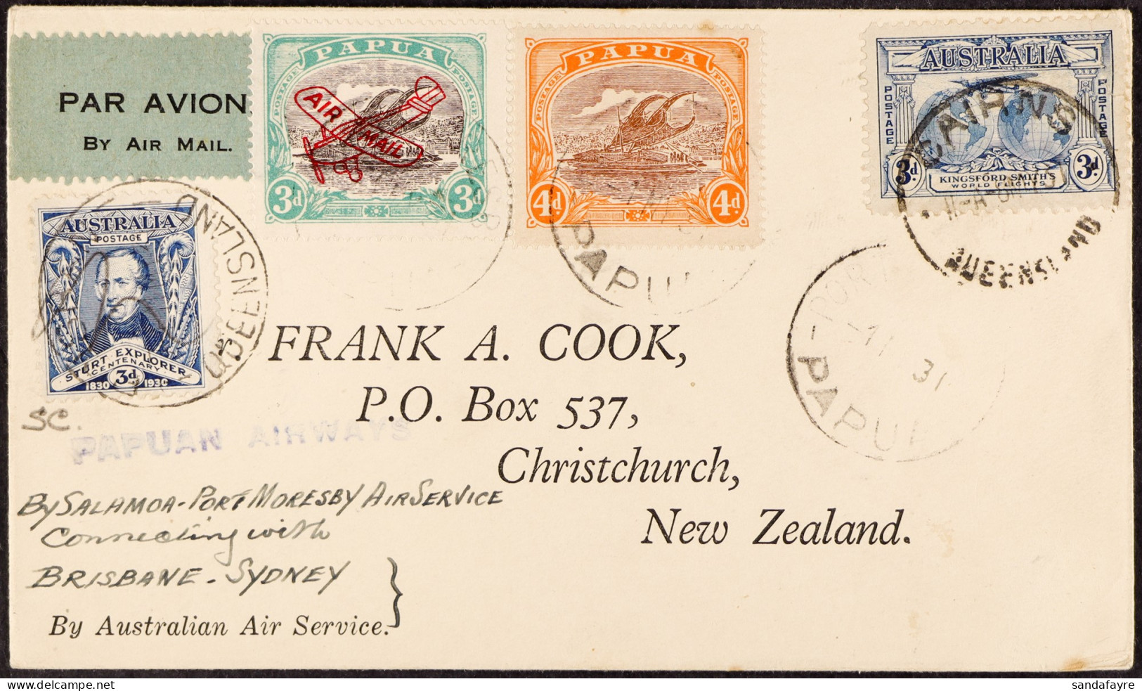 1931 (1st May) Salamaua - Port Moresby Air Service Cover To New Zealand. Very Fine, 12 Flown. Eustis P30, $750. - Papua-Neuguinea