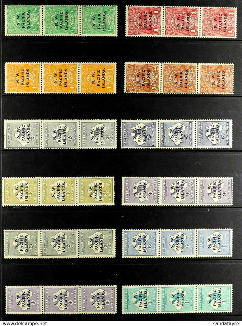 N.W.P.I. OVERPRINT SETTING STRIPS. A Collection Of 15 Vertical Mint Strips Of 3 On Protective Page, Shows The 3 Overprin - Papua-Neuguinea