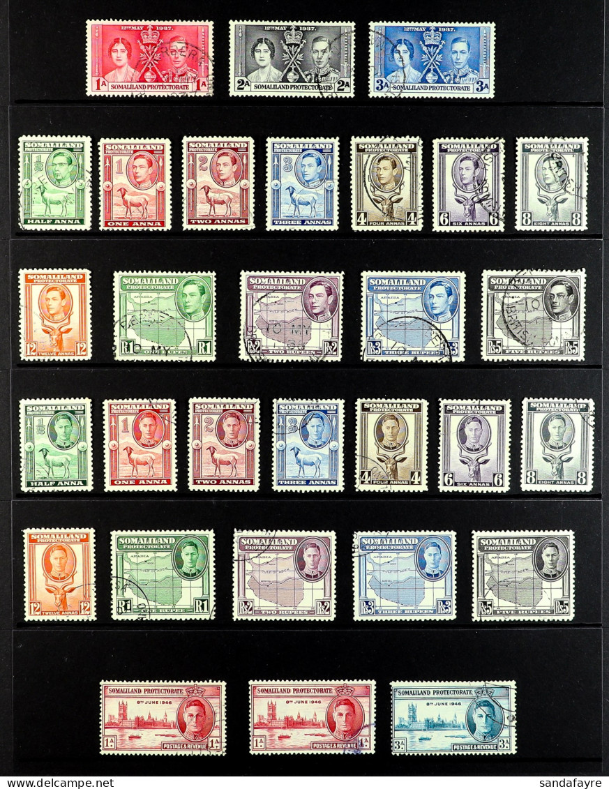 1937 - 1951 COMPLETE USED COLLECTION Of 47 Stamps On Protective Pages, 1938 & 1942 Pictorials Sets, 1946 1a Victory Perf - Somalilandia (Protectorado ...-1959)