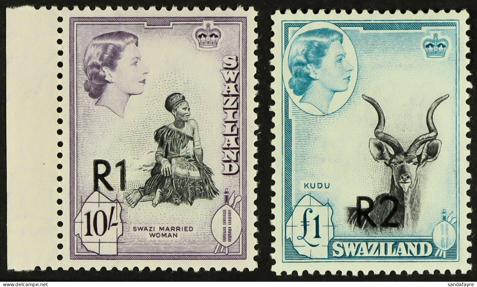 1961 1r & 2r Type II Surcharges (the 2r Surcharge At Bottom), SG 76b & 77b, Never Hinged Mint, The 1r On 10s With A Slig - Swaziland (...-1967)