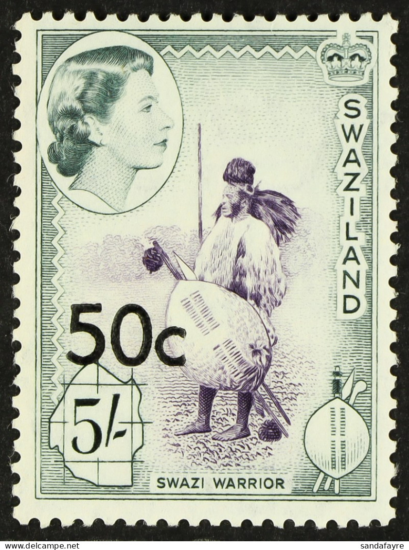 1961 50c On 5s Surcharge Type III, SG 75b, Never Hinged Mint. Rare, With Stanley Gibbons Expert Mark On Reverse. Cat Â£1 - Swasiland (...-1967)