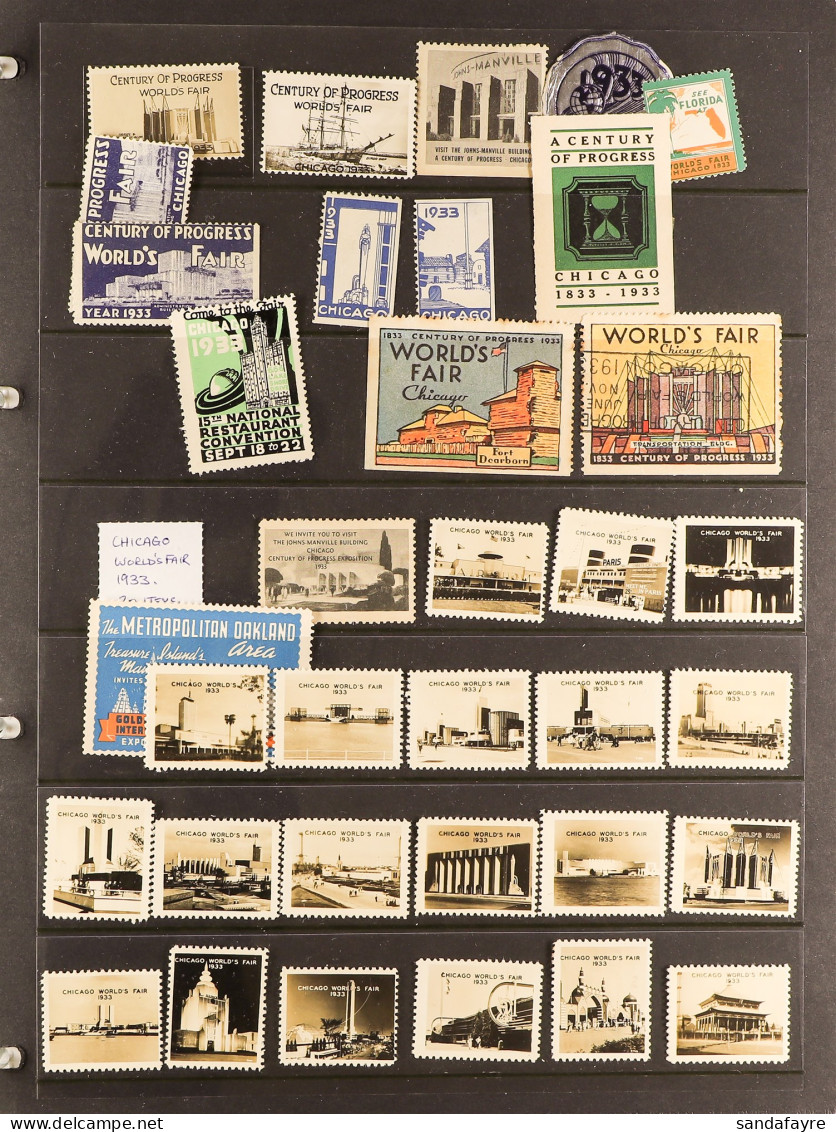 1933 CHICAGO WORLD'S FAIR Collection Of Poster Stamps, Covers, Post Cards, Ephemera In An Album (Qty) - Autres & Non Classés