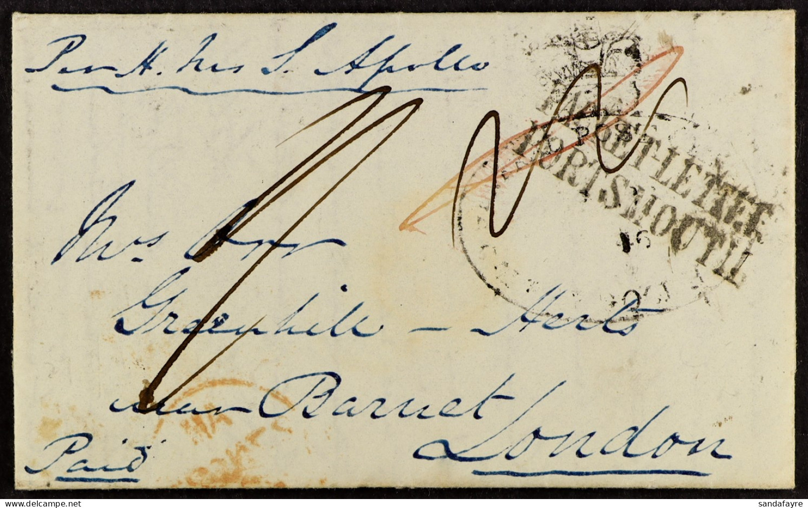 STAMP - 1846 (27th Dec) A Letter With â€˜PORTSMOUTH / PACKET LETTERâ€™ (Robertson P1), Directed Via HMS â€˜Apolloâ€™ (no - ...-1840 Préphilatélie