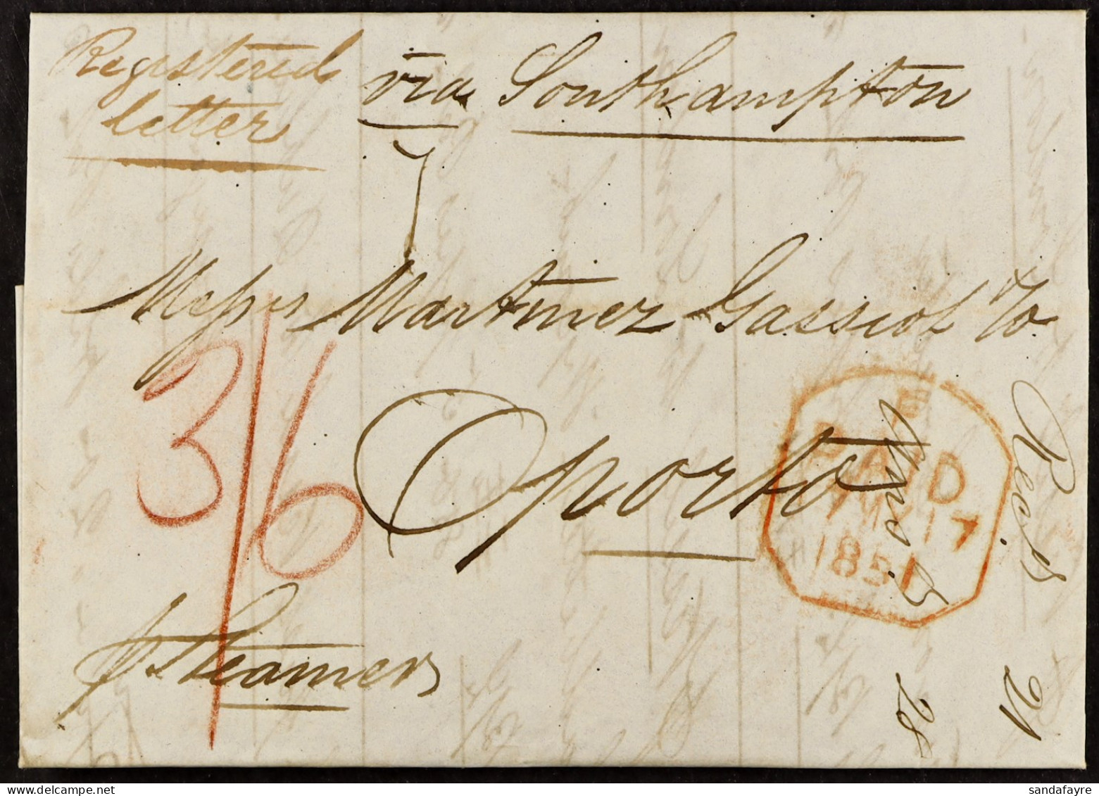 STAMP - 1850 (16th May) A Letter From London To Oporto, Via Southampton, Rates Between A Half And One Ounce Sent Registe - ...-1840 Préphilatélie