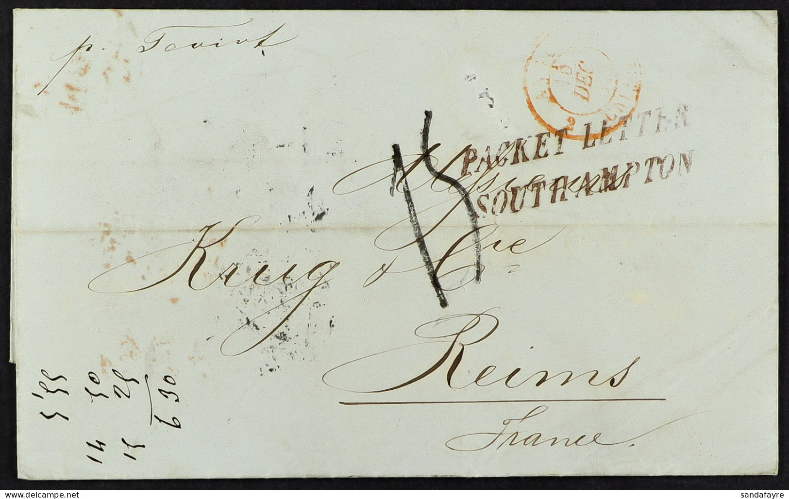 STAMP - 1852 (13th Nov) A Letter From Rio De Janeiro, BRAZIL, To Reims, France, Via Southampton, Carried By RMSP â€˜Tevi - ...-1840 Voorlopers