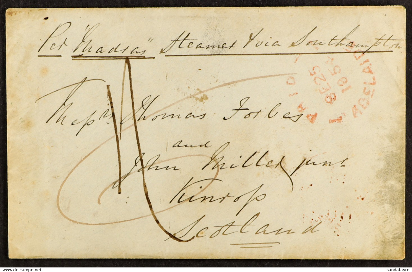 STAMP - 1854 (25th Sept) A Letter From Adelaide, SOUTH AUSTRALIA, To London, Via Southampton, Initially Paid Sixpence Wi - ...-1840 Vorläufer