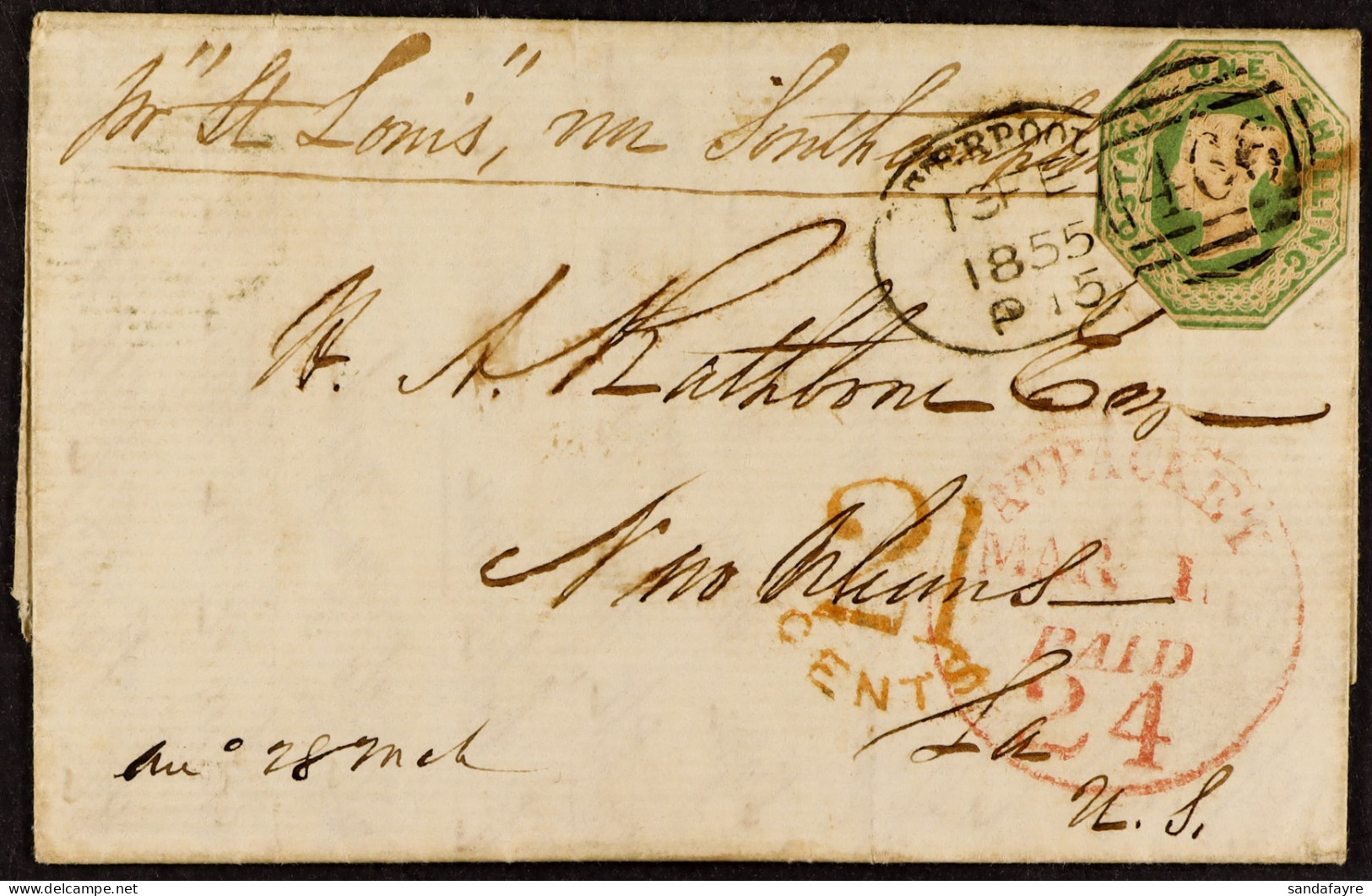 STAMP - 1855 (13th Feb) A Letter From Liverpool To New Orleans Via Southampton, Paid A Shilling (1/- Green Embossed To S - ...-1840 Vorläufer