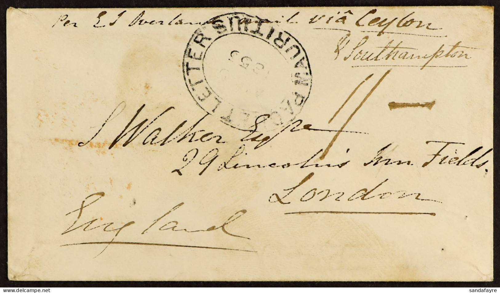 STAMP - 1855 (5th Aug) Envelope From Port Louis, MAURITIUS, To London Via Galle And Southampton, Directed â€˜via Ceylon  - ...-1840 Vorläufer