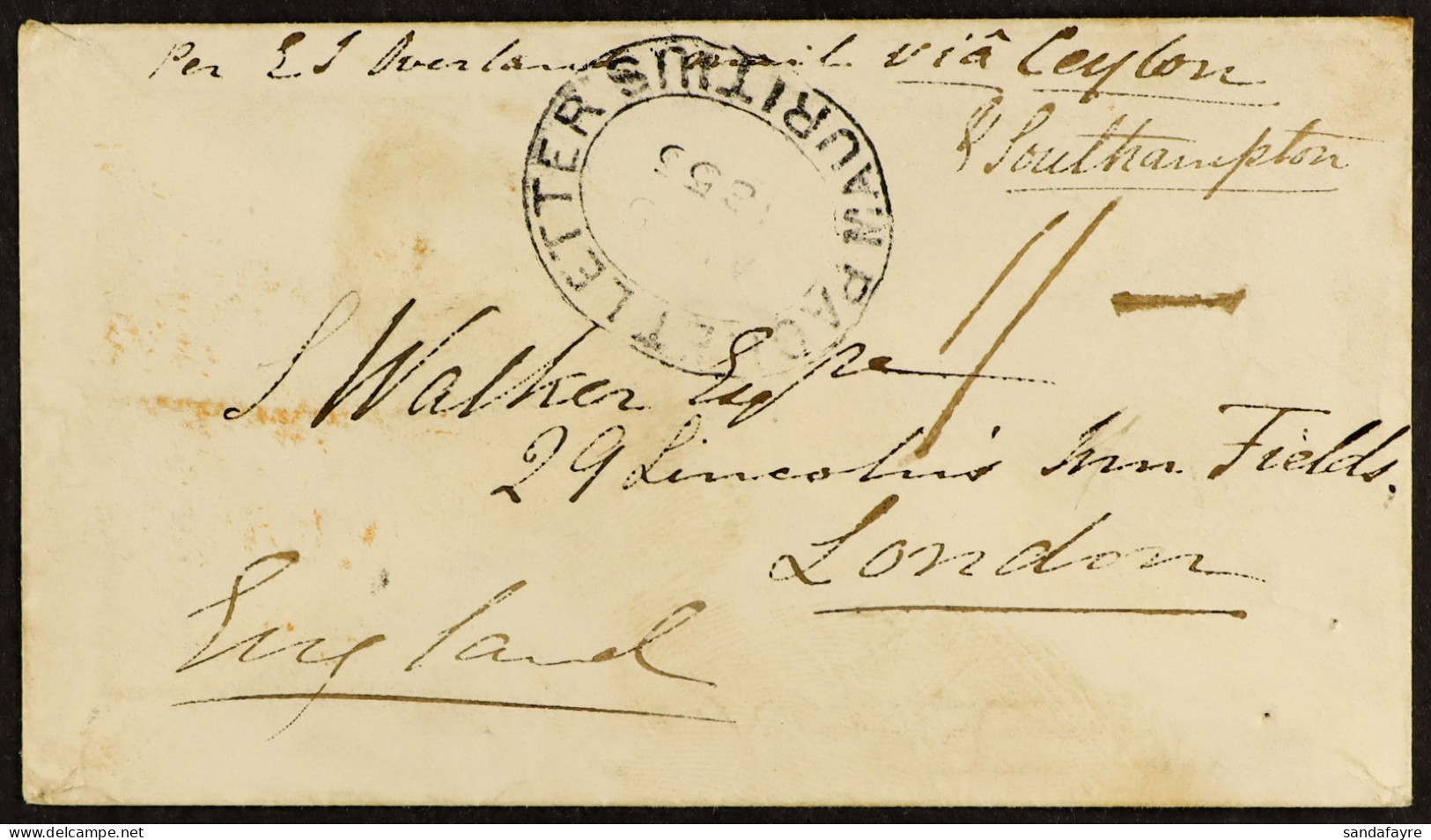 STAMP - 1855 (5th Aug) Envelope From Port Louis, MAURITIUS, To London Via Galle And Southampton, Directed â€˜via Ceylon  - ...-1840 Prephilately