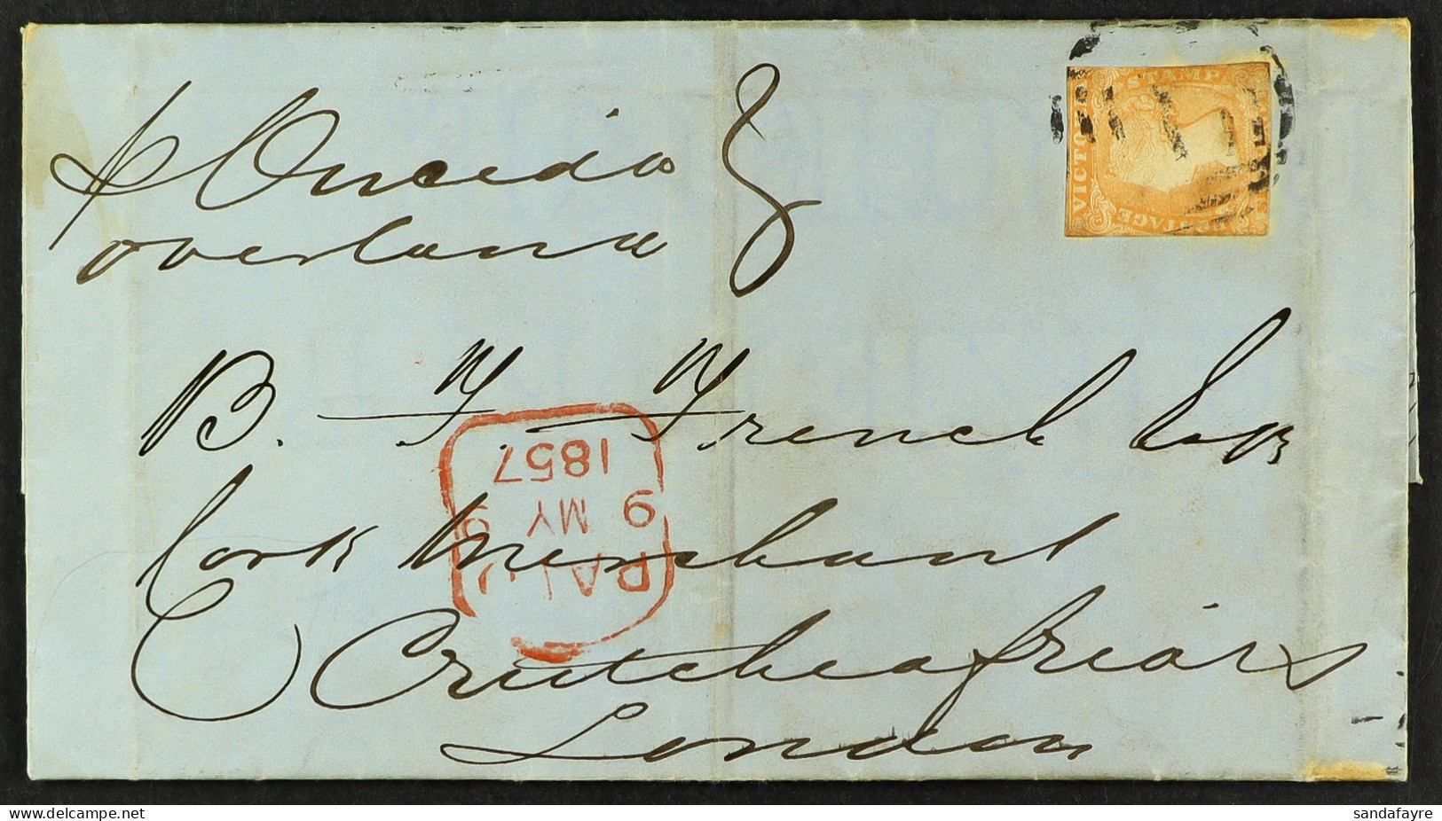 STAMP - 1857 (26th Jan) A Letter Prepaid Sixpence (Victoria, 6d, Cut Into, But Tied) From Melbourne, Australia, To Londo - ...-1840 Prephilately