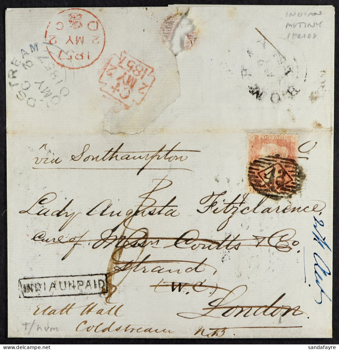 STAMP - 1857 (31st March) A Letter With Boxed â€˜INDIA UNPAIDâ€™ Charged Sixpence From Bombay, India, To London, Via Sou - ...-1840 Préphilatélie