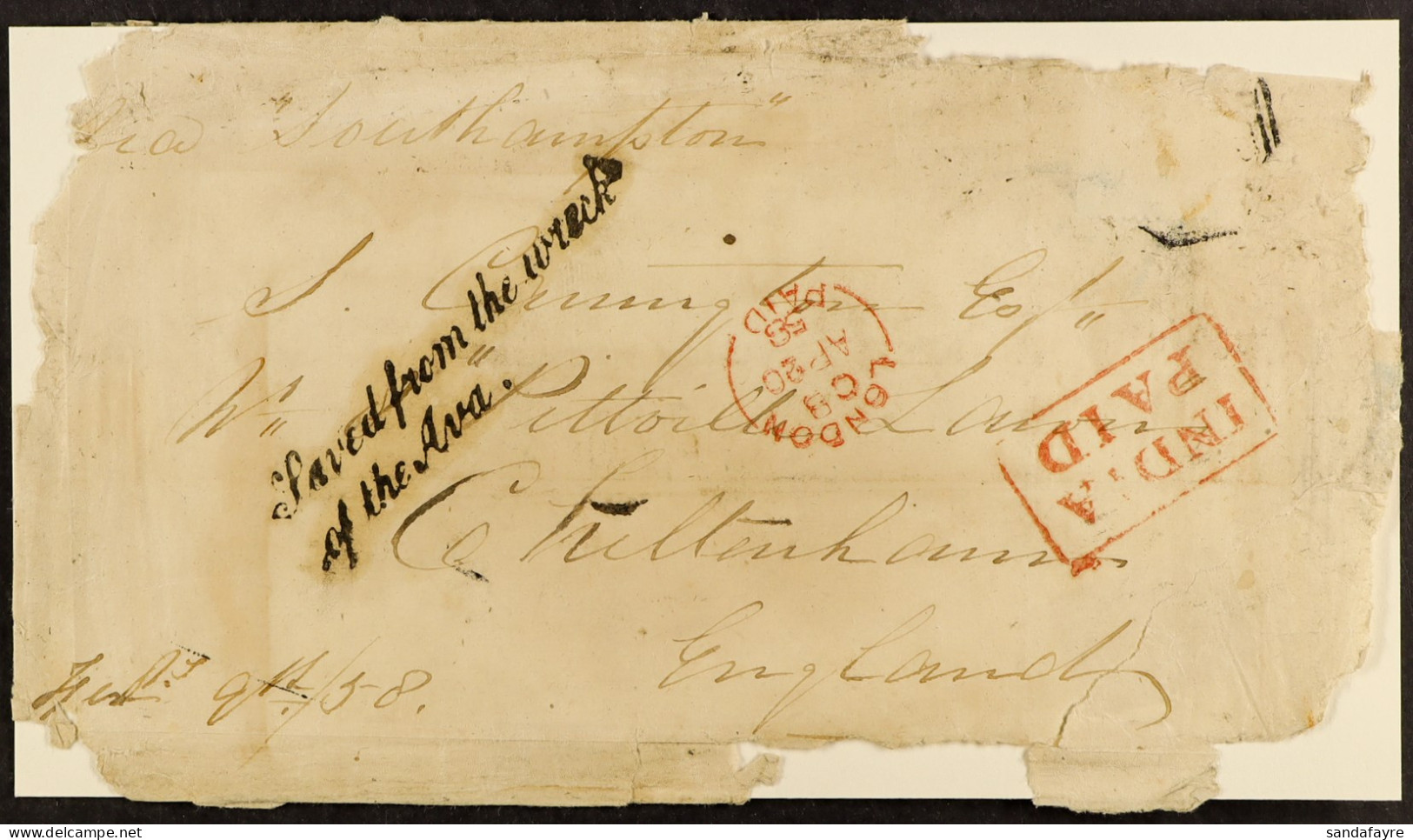 STAMP - 1858 (9th Feb) The Remnants Of A Letter Recovered From The WRECK Of The P.& O. Companyâ€™s â€˜Avaâ€™ Wrecked Off - ...-1840 Vorläufer