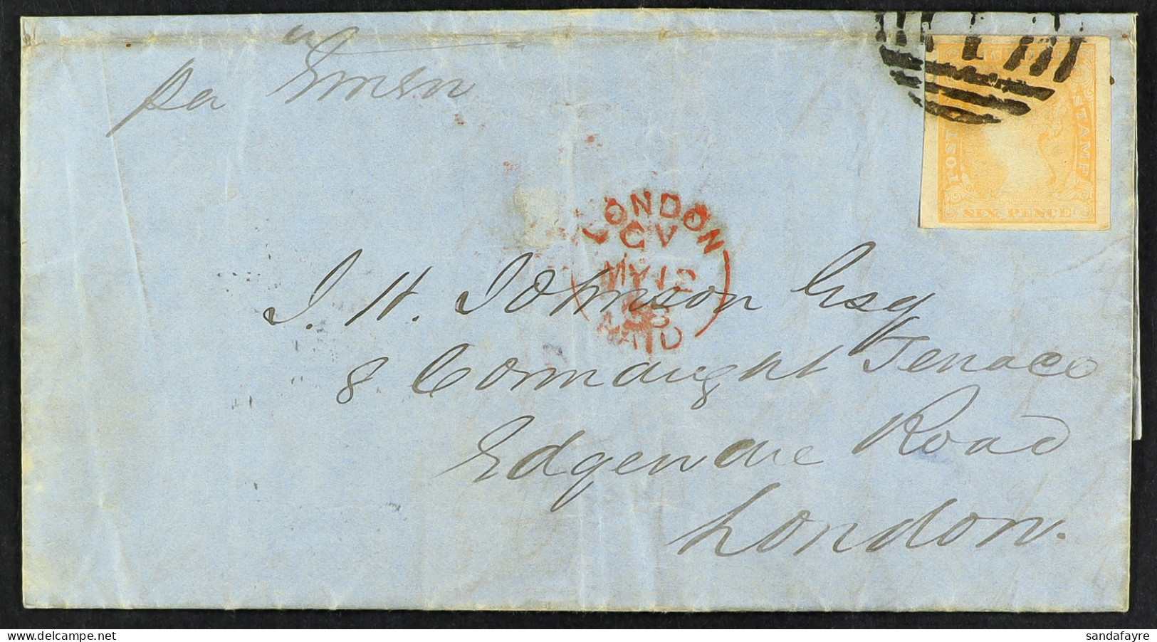 STAMP - 1858 (16th May) A Letter Prepaid Sixpence (Victoria, 6d, Orange-yellow, Full Margins And Tied) From Melbourne, A - ...-1840 Préphilatélie