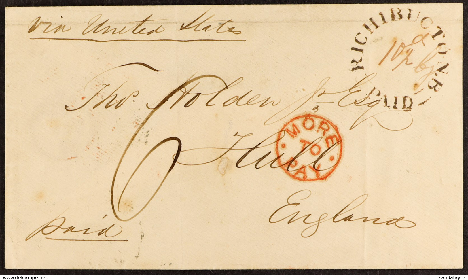 STAMP - 1858 (10th Sept) Envelope Directed â€˜via United Statesâ€™ From Richibucto, NEW BRUNSWICK, To Hull, England, Pai - ...-1840 Voorlopers