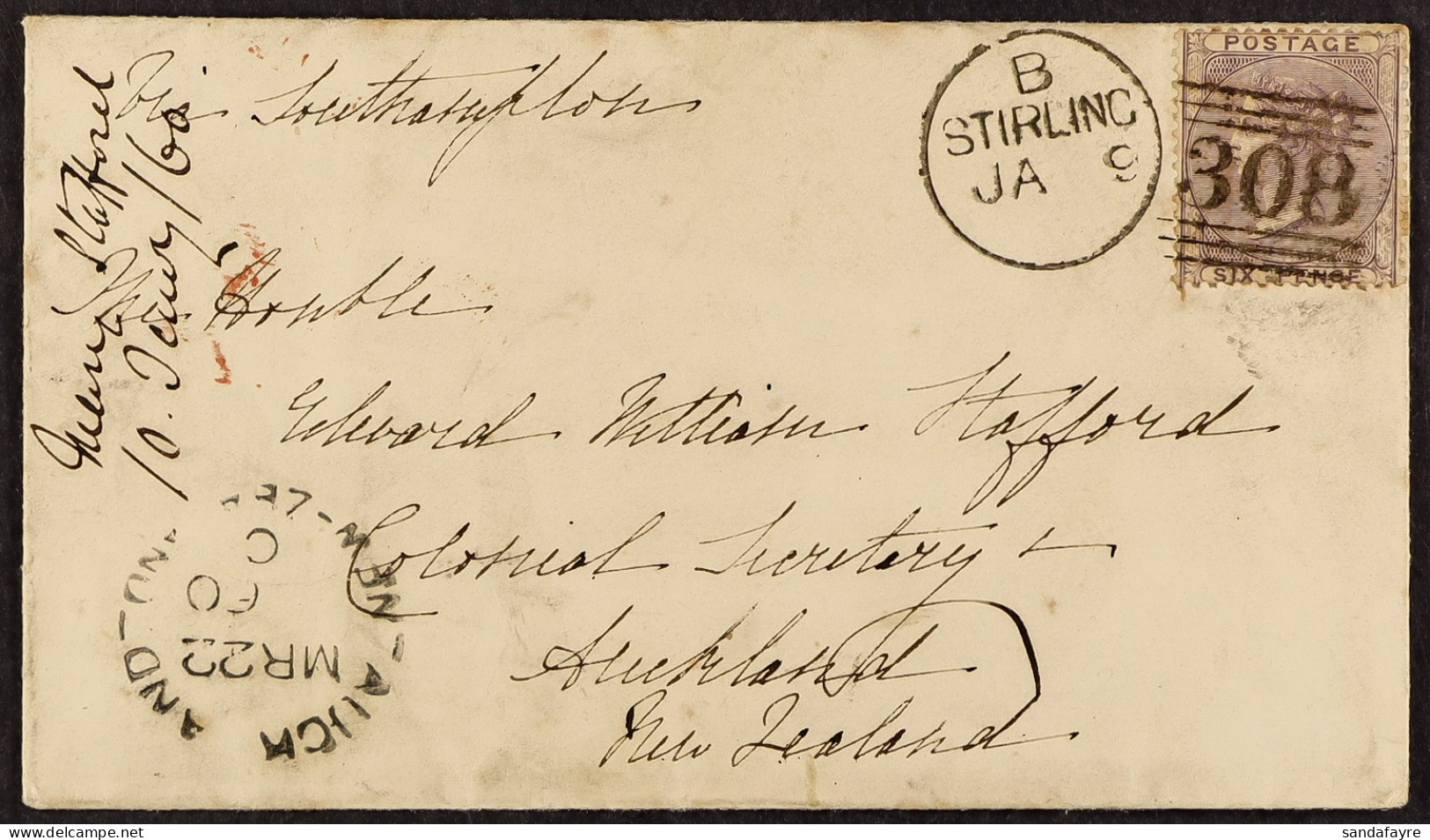 STAMP - 1860 (9th Jan) Envelope Bearing 6d, From Stirling, Scotland To Auckland, New Zealand, Carried Out Of Southampton - ...-1840 Prephilately