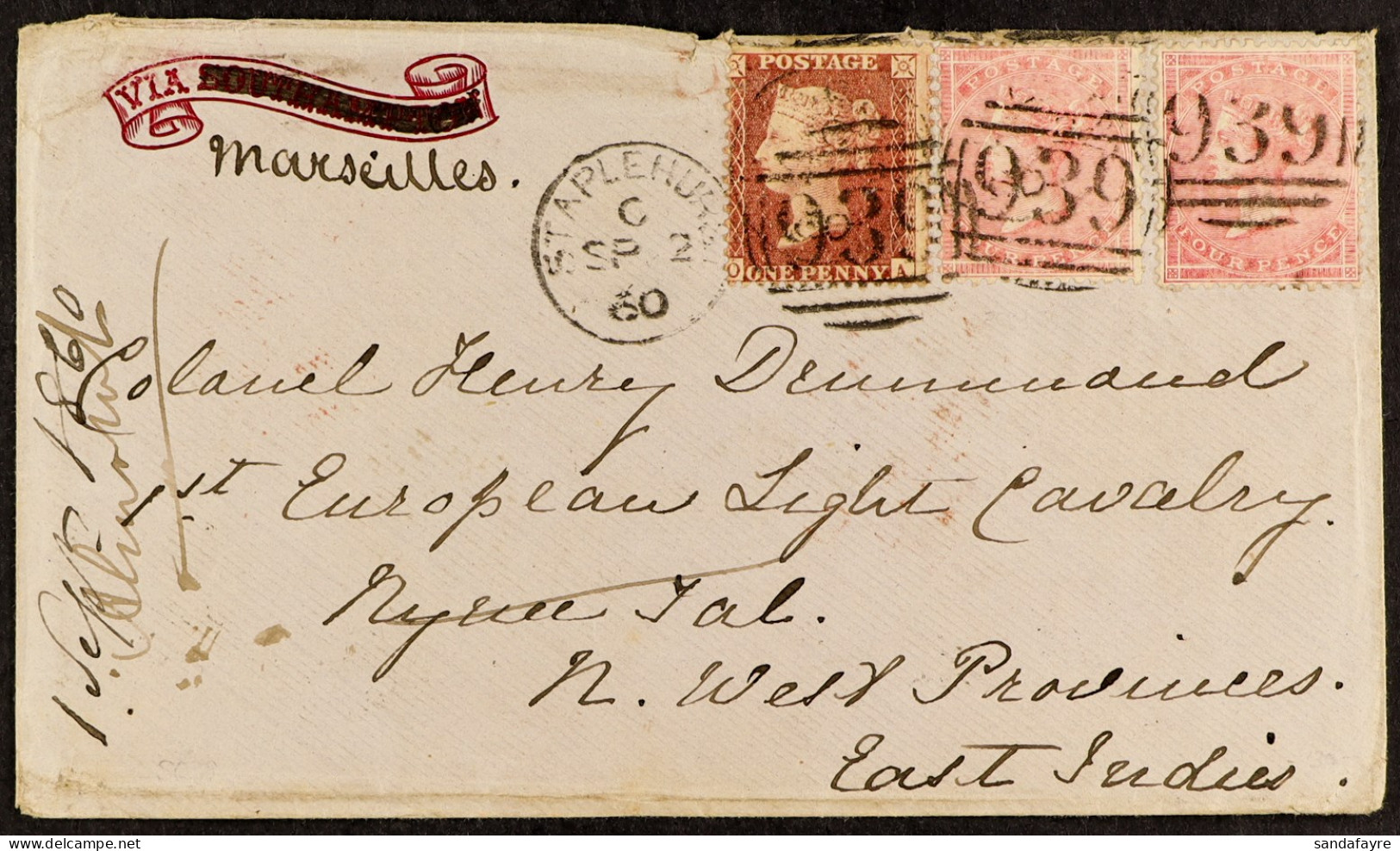 STAMP - 1860 (2nd Sept) Envelope (pre-directed â€˜VIA SOUTHAMPTONâ€™ But This Erased And M/s â€˜Marseillesâ€™ Added) Pre - ...-1840 Voorlopers