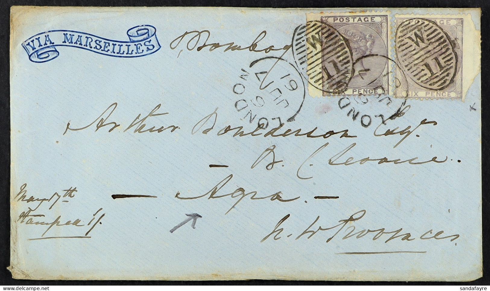 STAMP - 1861 (16th June) Envelope (pre-directed â€˜VIA MARSEILLESâ€™ In An Banner) From London To Agra, North-West Provi - ...-1840 Prephilately