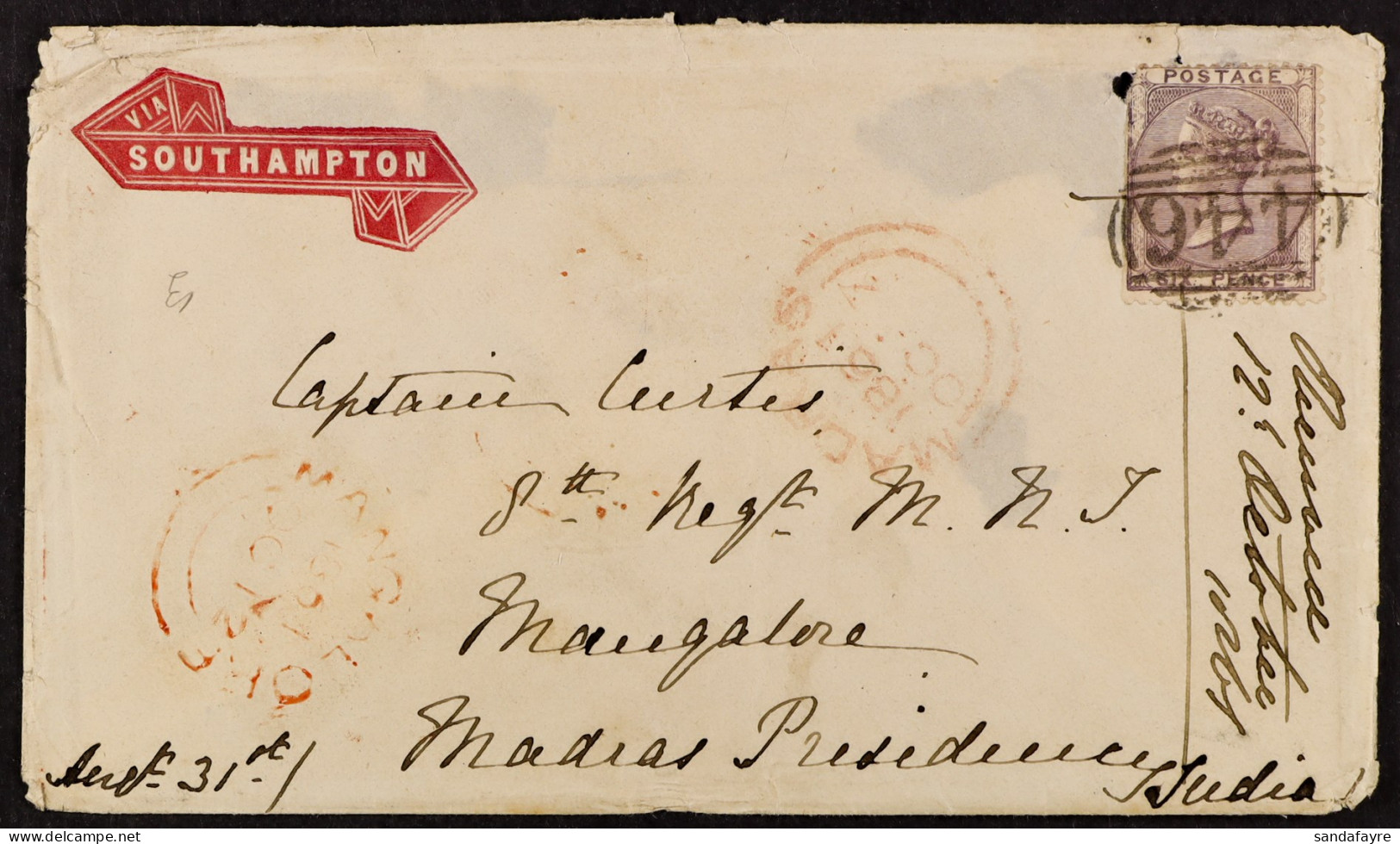 STAMP - 1861 (31st Aug) Envelope (pre-directed â€˜VIA SOUTHAMPTONâ€™) Pre-paid Sixpence From Ledbury, England, To Mangal - ...-1840 Vorläufer