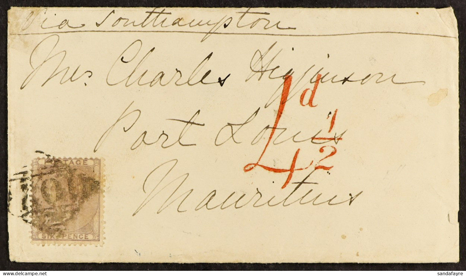 STAMP - 1861 (17th Nov) Envelope Paid Sixpence, With â€˜4dÂ½â€™ (in Red) Credited To Mauritius, From Carrickfergus, Irel - ...-1840 Prephilately