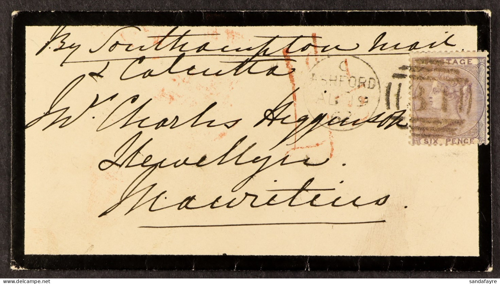 STAMP - 1862 (19th Aug) Mourning Envelope, Prepaid Sixpence, With Red â€˜1dâ€™ Credit To Mauritius, From Ashford Via Sou - ...-1840 Voorlopers