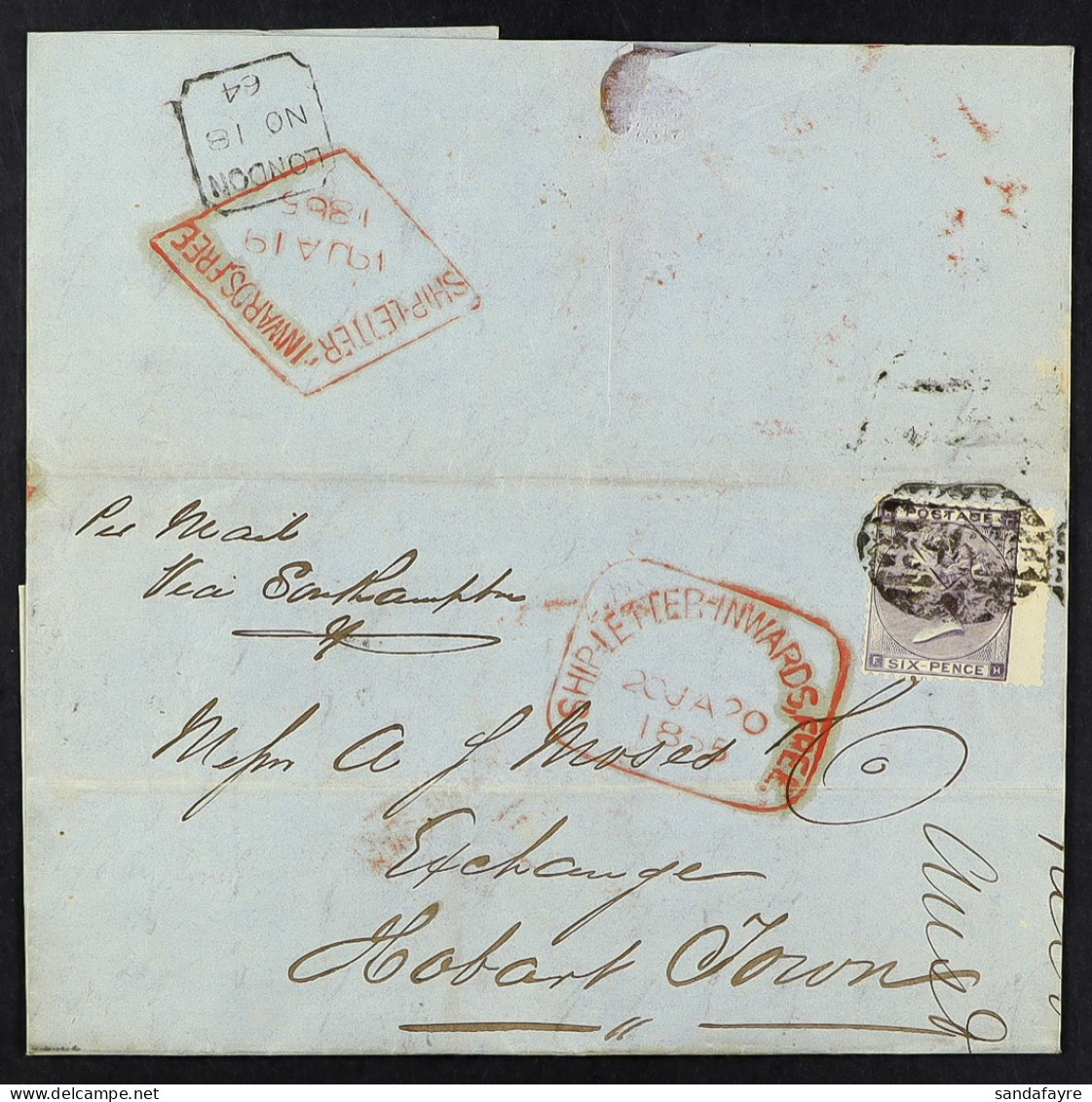 STAMP - 1864 (18th Nov) A Letter Prepaid Sixpence From London To Hobart, TASMANIA, Via Southampton, Carried From Southam - ...-1840 Prephilately