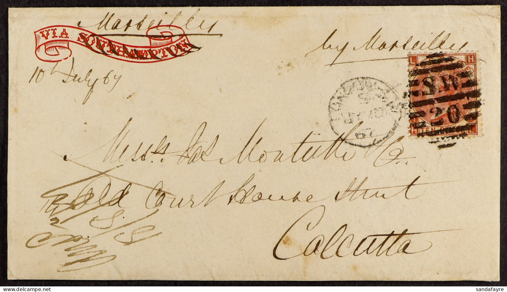 STAMP - 1867 (10th July) Envelope Of A Letter (pre-directed â€˜VIA SOUTHAMPTONâ€™ In A Banner Corrected To â€˜Marseilles - ...-1840 Vorläufer