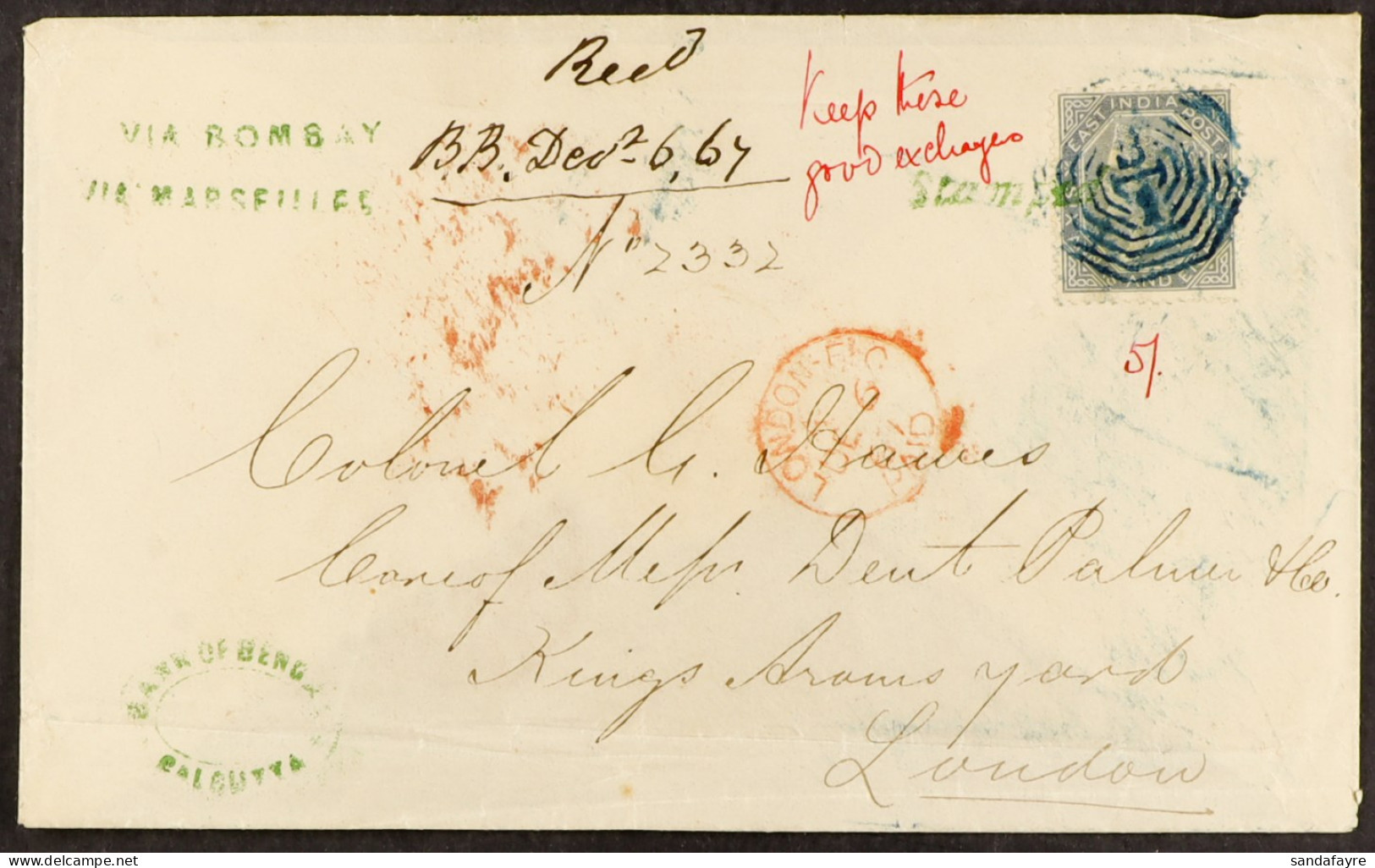 STAMP - 1867 (8th Nov) Envelope Bearing INDIA 6a.8p Stamp, With Printed â€˜VIA BOMBAY / VIA MARSEILLESâ€™ From Calcutta, - ...-1840 Préphilatélie