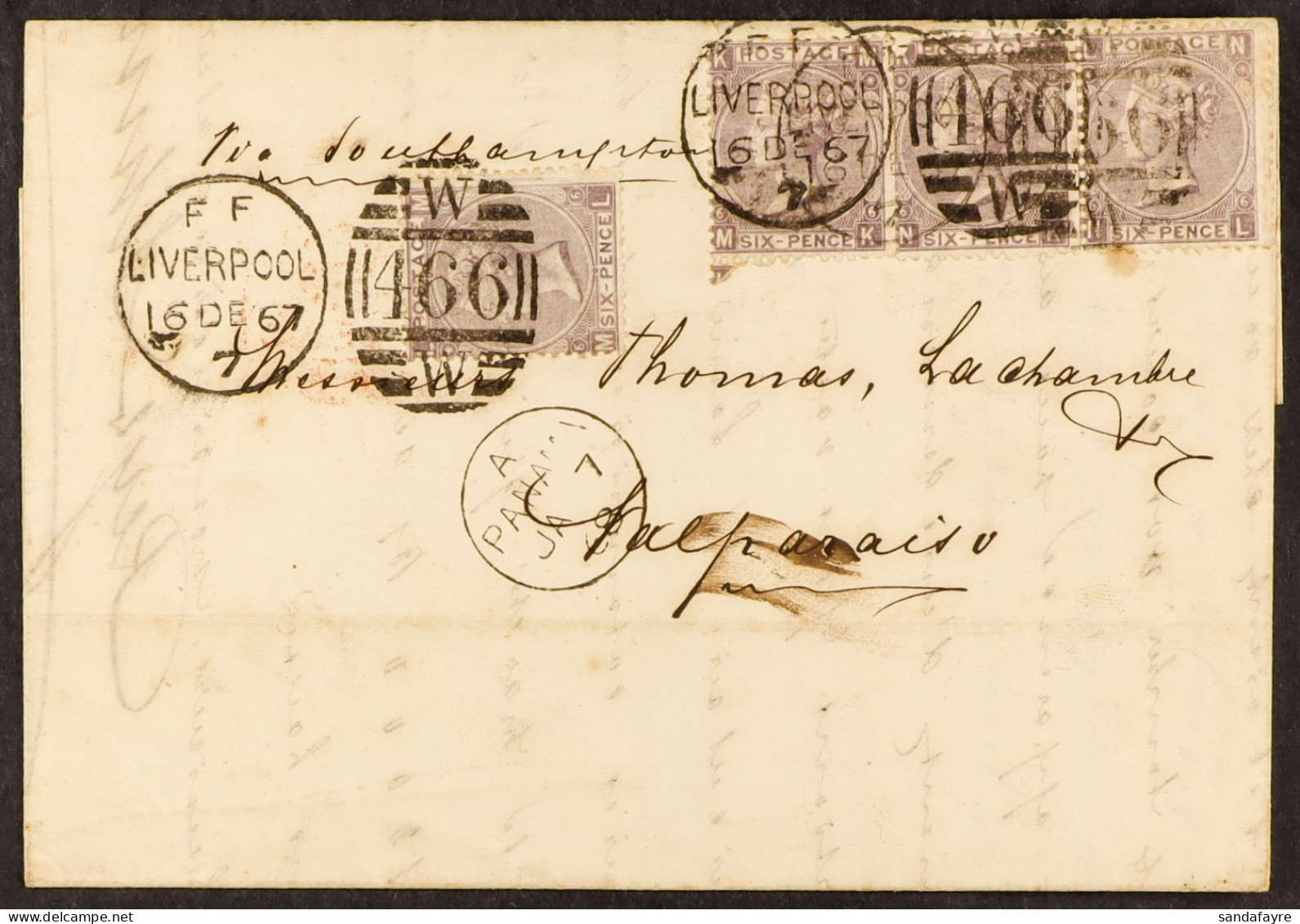 STAMP - 1867 (16th Dec) Letter Paid Two Shillings (4 X 6d) Directed â€˜via Southamptonâ€™ From Liverpool To Panama Thenc - ...-1840 Prephilately
