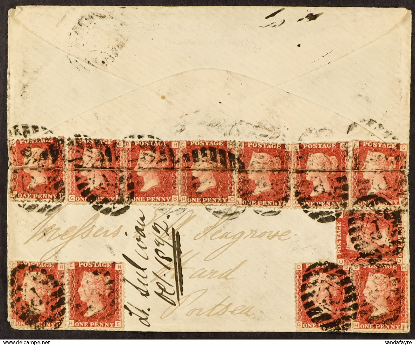 STAMP - 1872 (14th Sept) Envelope (opened And Creased) Paid A Shilling With 12 1d Red Stamps, 6 Over Top Fold Of Cover,  - ...-1840 Vorläufer