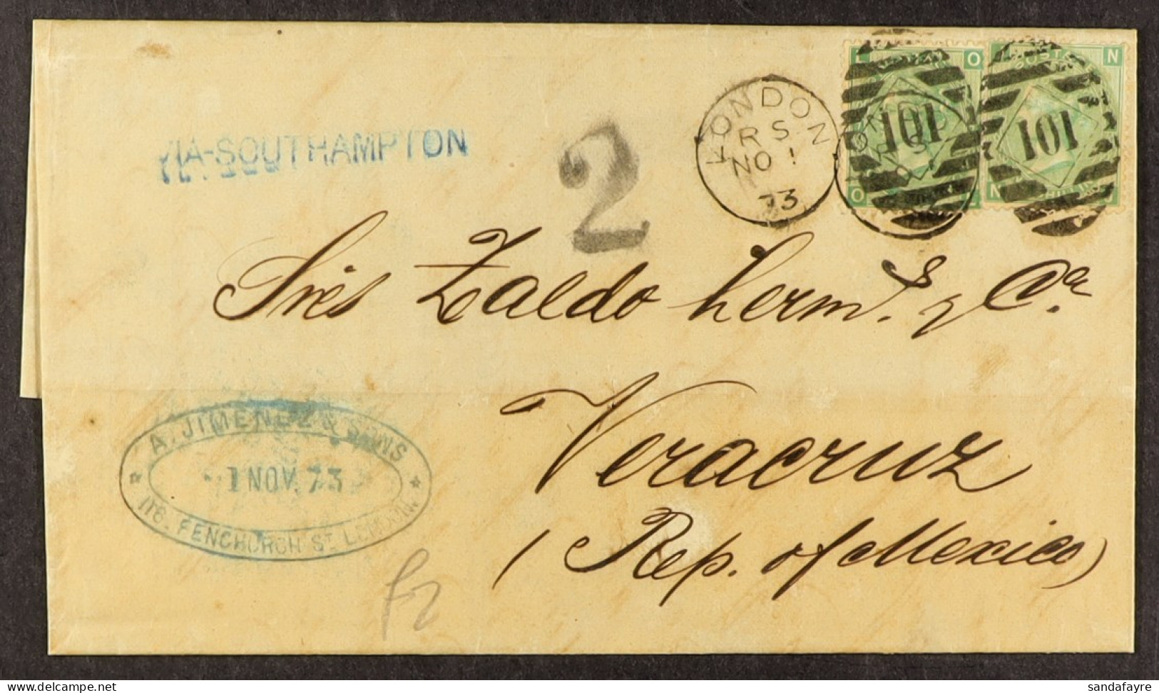 STAMP - 1873 (1st Nov) A Letter With Handstamp â€˜VIA SOUTHAMPTONâ€™ Paid Two Shillings (2 X 1/- Stamps) From London, En - ...-1840 Voorlopers