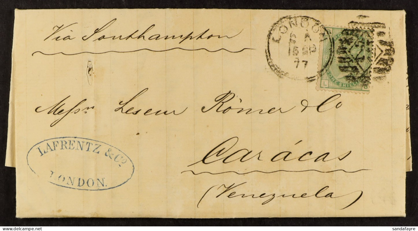 STAMP - 1877 (15th Sept) A Letter Paid A Shilling (the Stamp Cancelled With A London Duplex) From London To Caracas, VEN - ...-1840 Préphilatélie