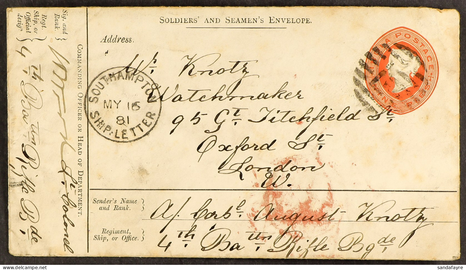 STAMP - 1881 (11th April) A Printed INDIA 9p Soldiersâ€™ Postal Stationery Envelope From A Soldier In The 4th Bn., The R - ...-1840 Préphilatélie