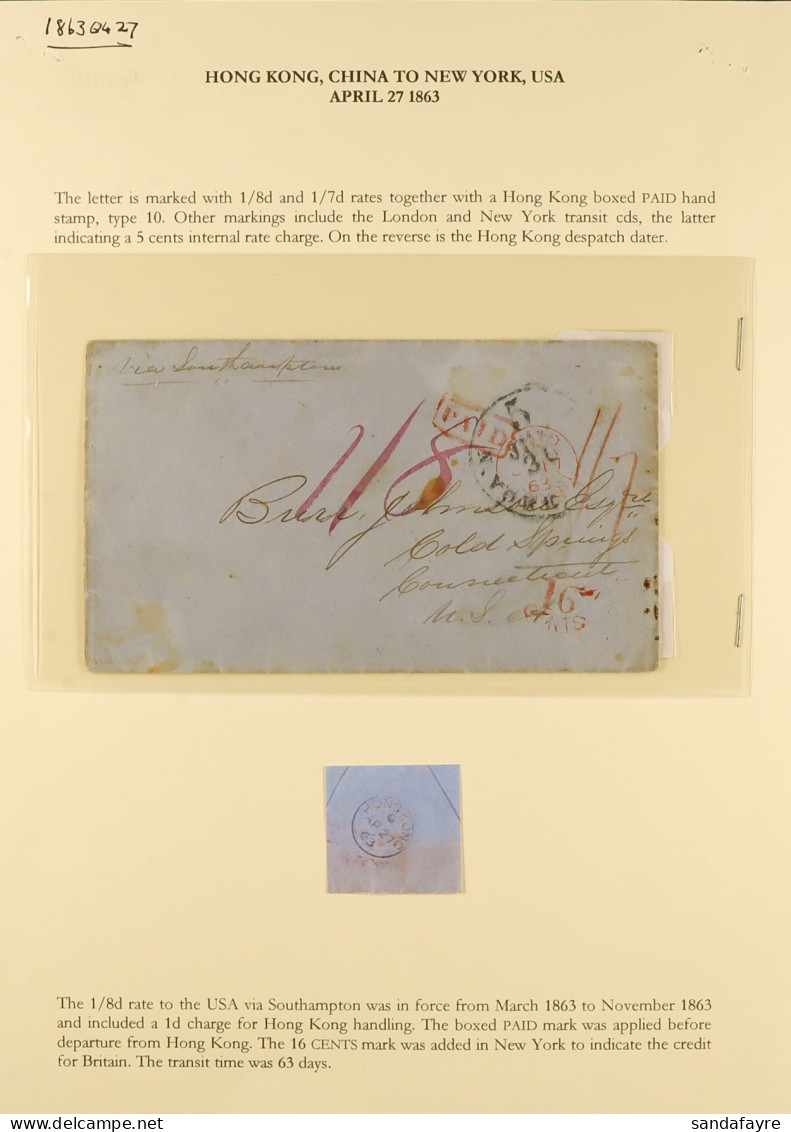 STAMP - 1863 (27th April) Envelope With Boxed â€˜PAIDâ€™ And Red â€˜1/8â€™ From HONG KONG To Connecticut, United States, - ...-1840 Prephilately