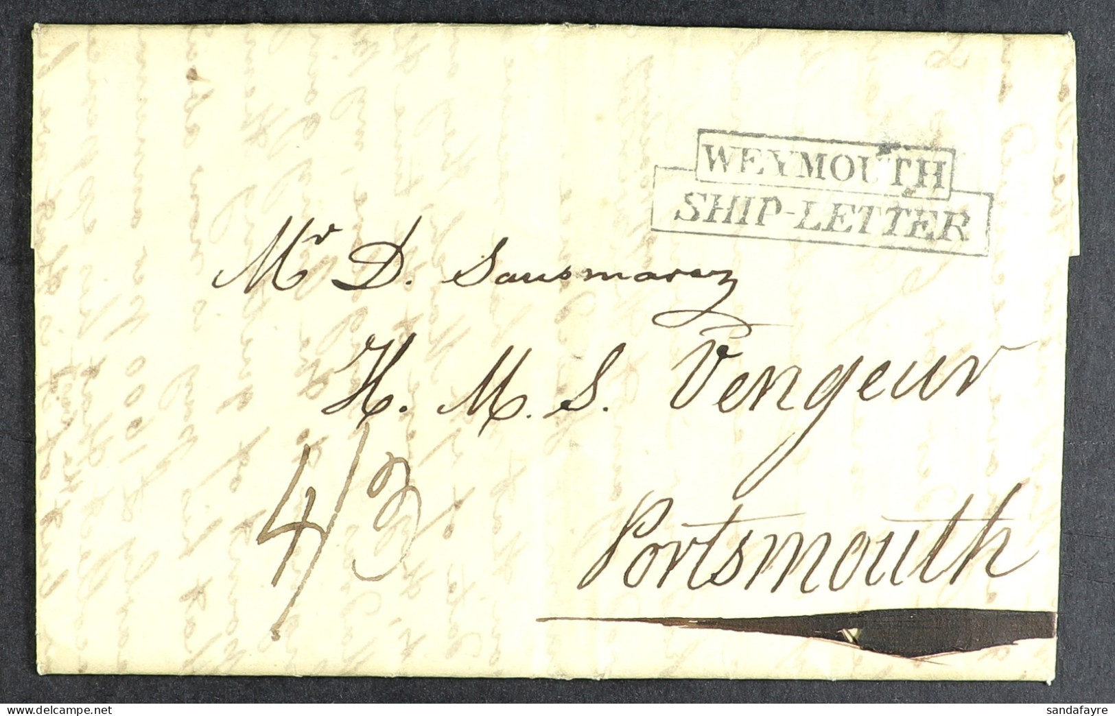 STAMP - WEYMOUTH SHIP LETTER 1810 (August) Entire Letter From Guernsey To H.M.S. Vengeur, Portsmouth Showing Good Uprigh - ...-1840 Vorläufer